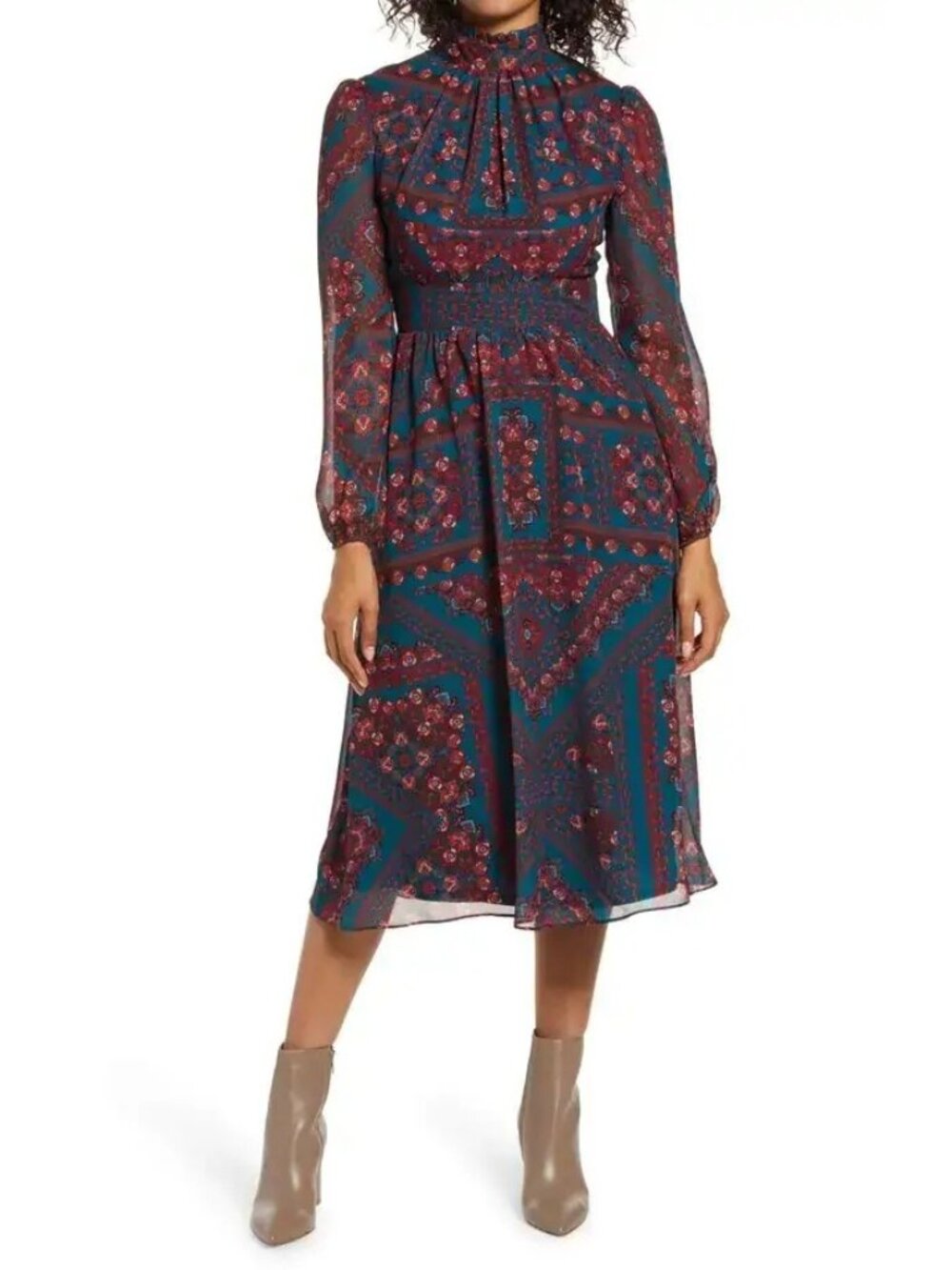 Julia Jordan Tile Print Mock Neck Long Sleeve Midi Dress Size 6